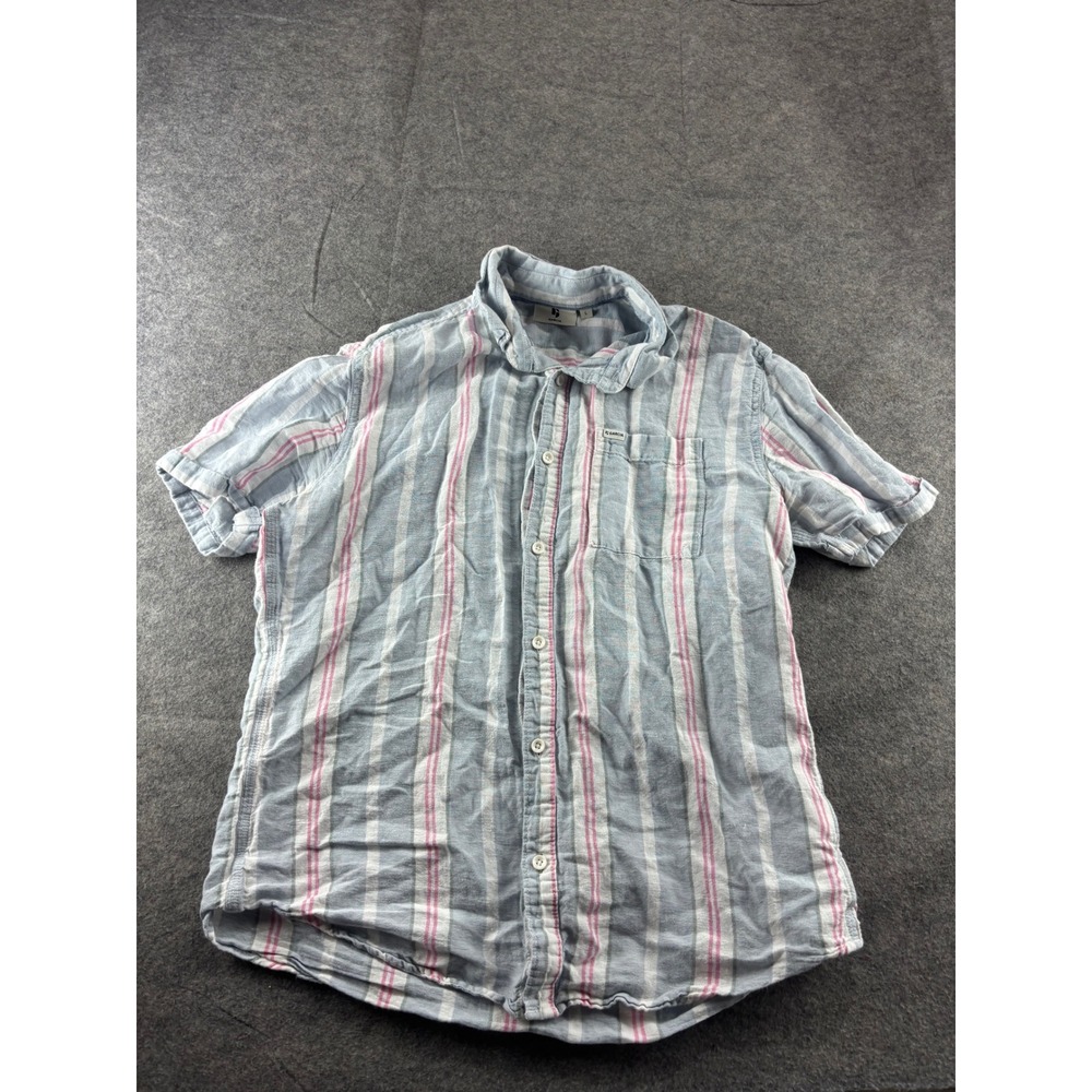 Garcia Womens L Blue Pink Striped Linen Blend Short Sleeve Button Down Shirt